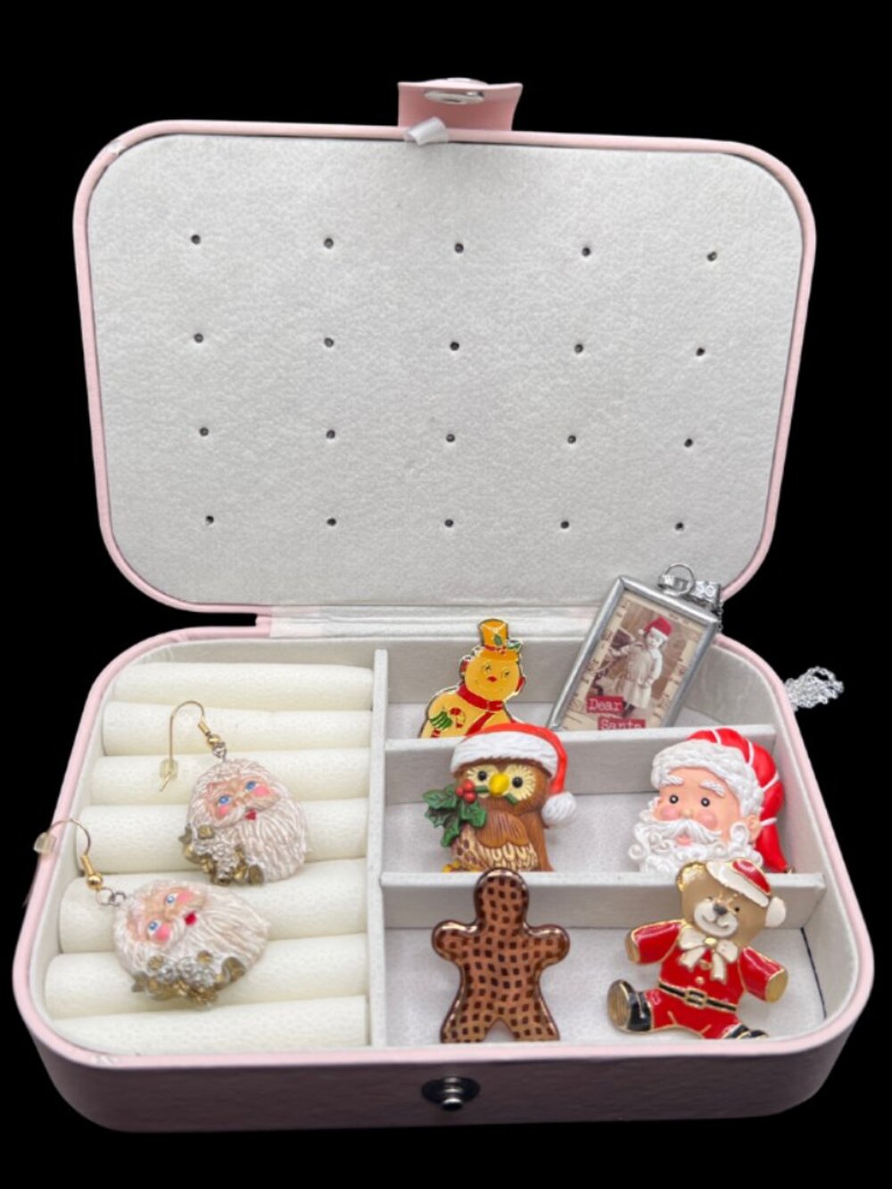 Lot of Vintage Christmas Holiday Jewelry Hallmark in Pink Jewelry Box